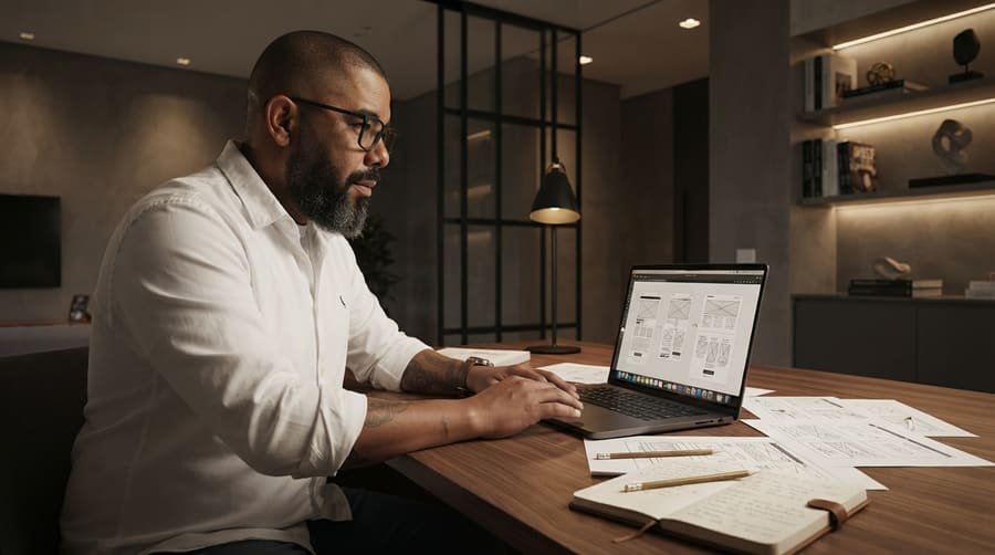 Marcelo Sales analisando wireframes em tela, decisão comercial por trás de cada tela do site