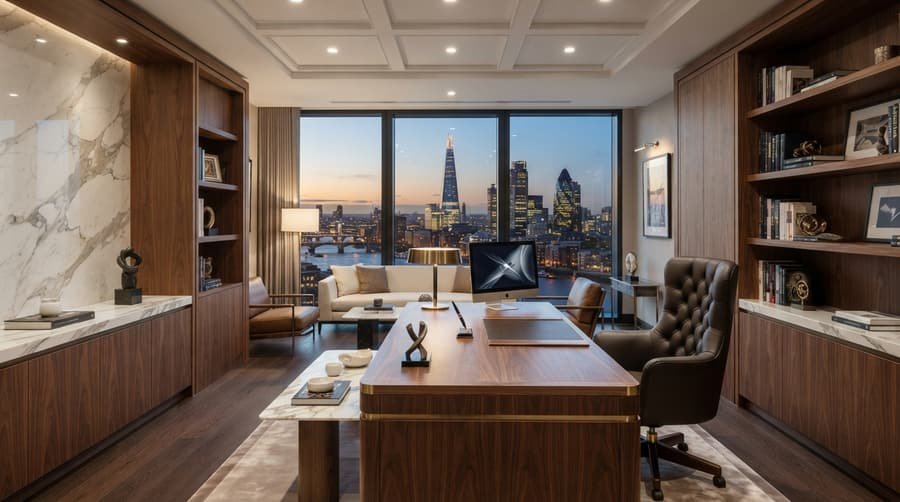 Escritório de advocacia contemporâneo, ambiente sóbrio com vista para a cidade