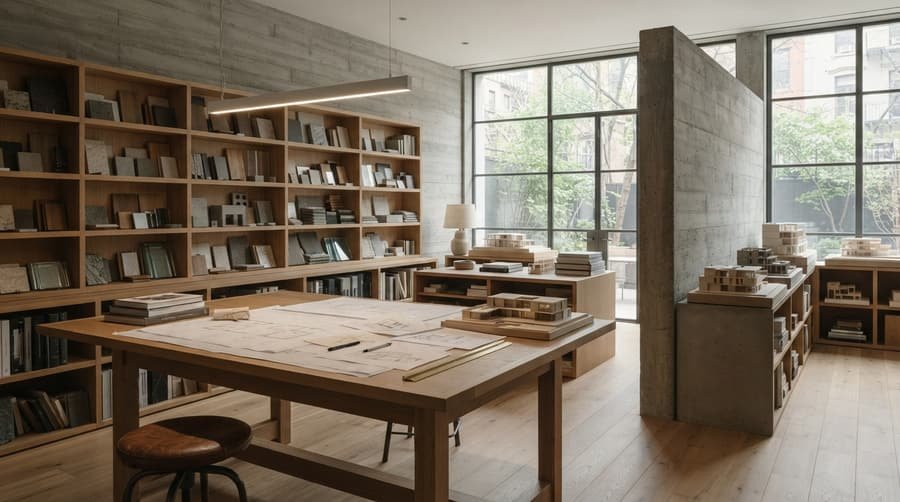 Estúdio de arquitetura com maquetes, plantas e mesa de trabalho