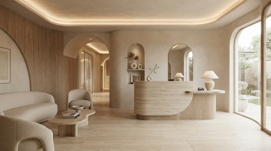 Recepção de clínica de estética em tons neutros, ambiente clean e acolhedor