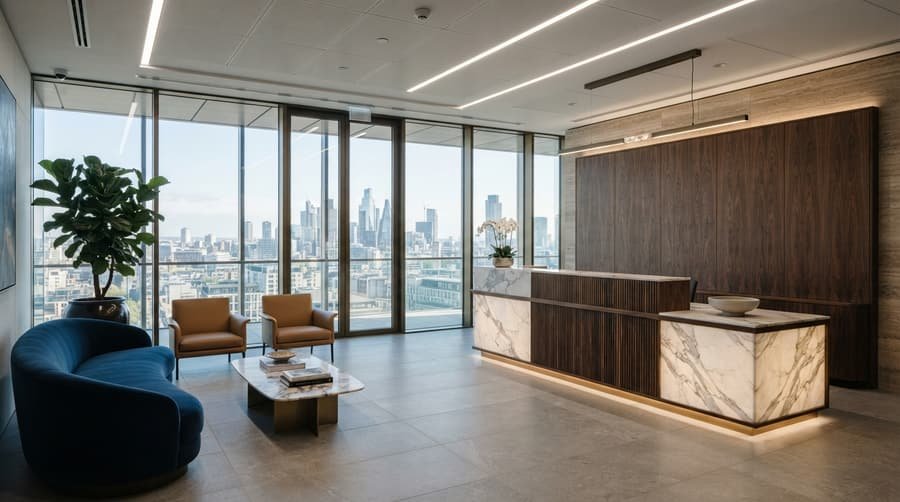 Escritório de contabilidade moderno, sala de espera com vista para a cidade