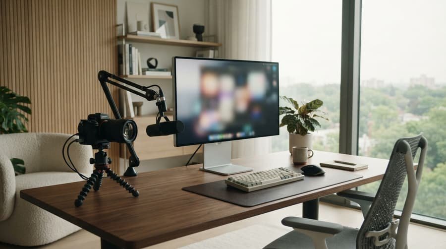 Setup de gravação para criação de conteúdo, câmera e microfone sobre mesa de trabalho